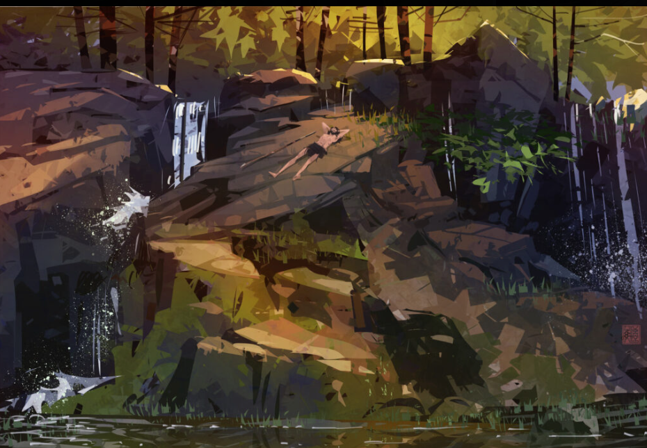 a digital painting of a serene forest scene. the focal point is a multitiered waterfall cascading over mosscovered rocks into a tranquil pool of water. the setting sun bathes the scene in a warm, golden light, highlighting the lush greenery and the textures of the rocks. a lone man lies on a flat rock near the top of the falls, seemingly enjoying the peaceful atmosphere.  the overall feeling is one of tranquility and solitude.