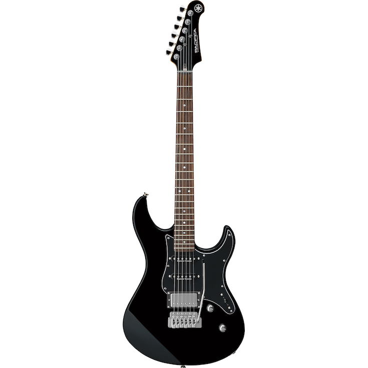 the image shows a black yamaha pacifica electric guitar centered on a black and white background. the guitar has a black body, a maple neck with dot inlays, and a black headstock. the hardware is silver, including the tuning pegs, bridge, and pickups. the guitar has a black pickguard.