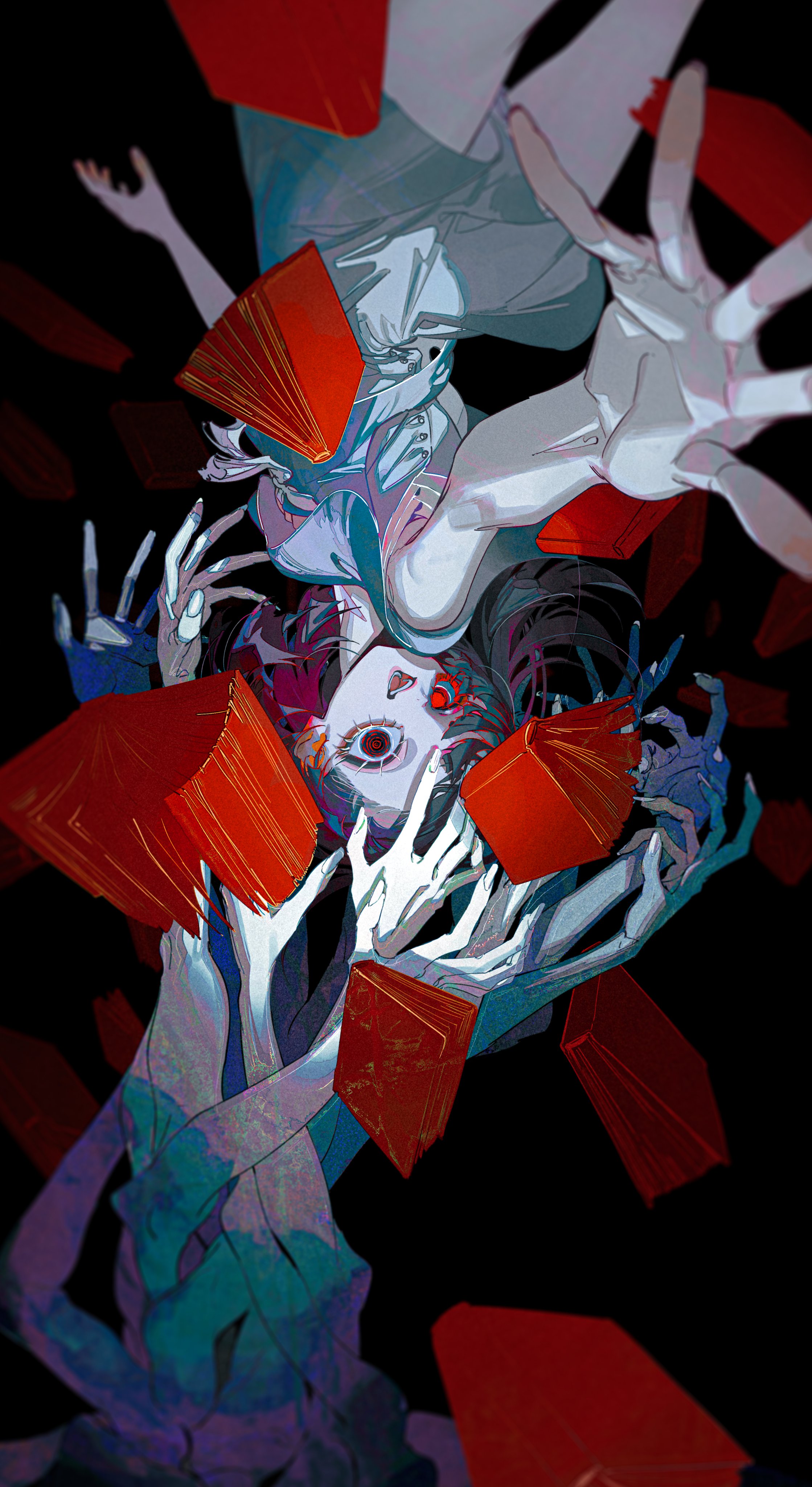 a surreal artwork depicting a girl with red hair and a woman with white hair. they are surrounded by books that seem to be floating in the air. the background is black and the artwork is in an anime style.
