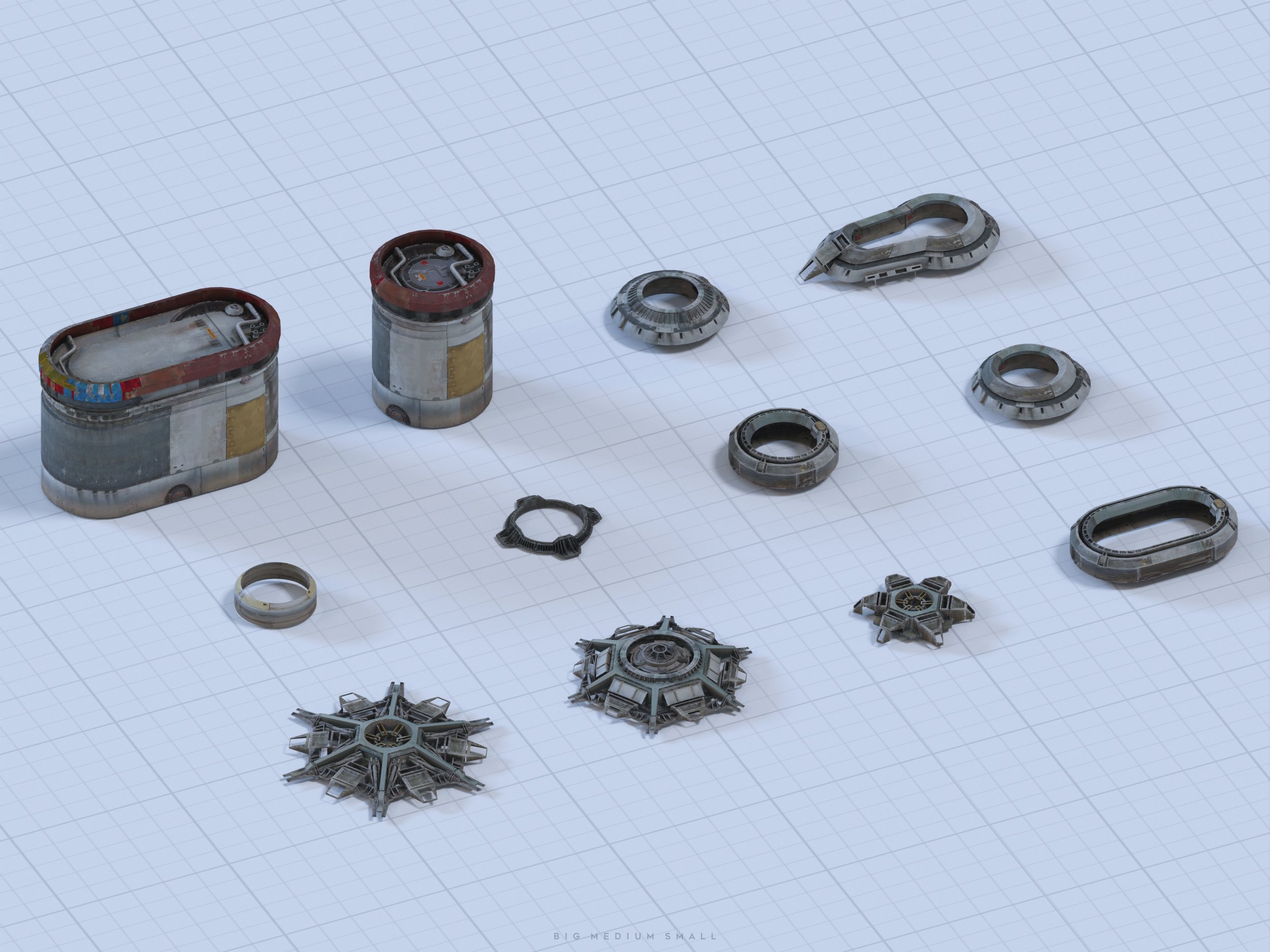 the image shows a collection of various 3drendered spaceship parts or components arranged on a gridded background.  the parts exhibit a weathered, industrial, scifi aesthetic with a mix of metallic grey tones and subtle rust or grunge textures.  the shapes and sizes of the components vary, including cylindrical containers, circular and rectangular hatches or access panels, and more intricate, starshaped or otherwise complex mechanical pieces.  the isometric view provides a clear view of each individual part and its details, suggesting they are intended as modular assets for use in a video game or other digital project. the image is clean and welllit, allowing for easy examination of the textures and forms.