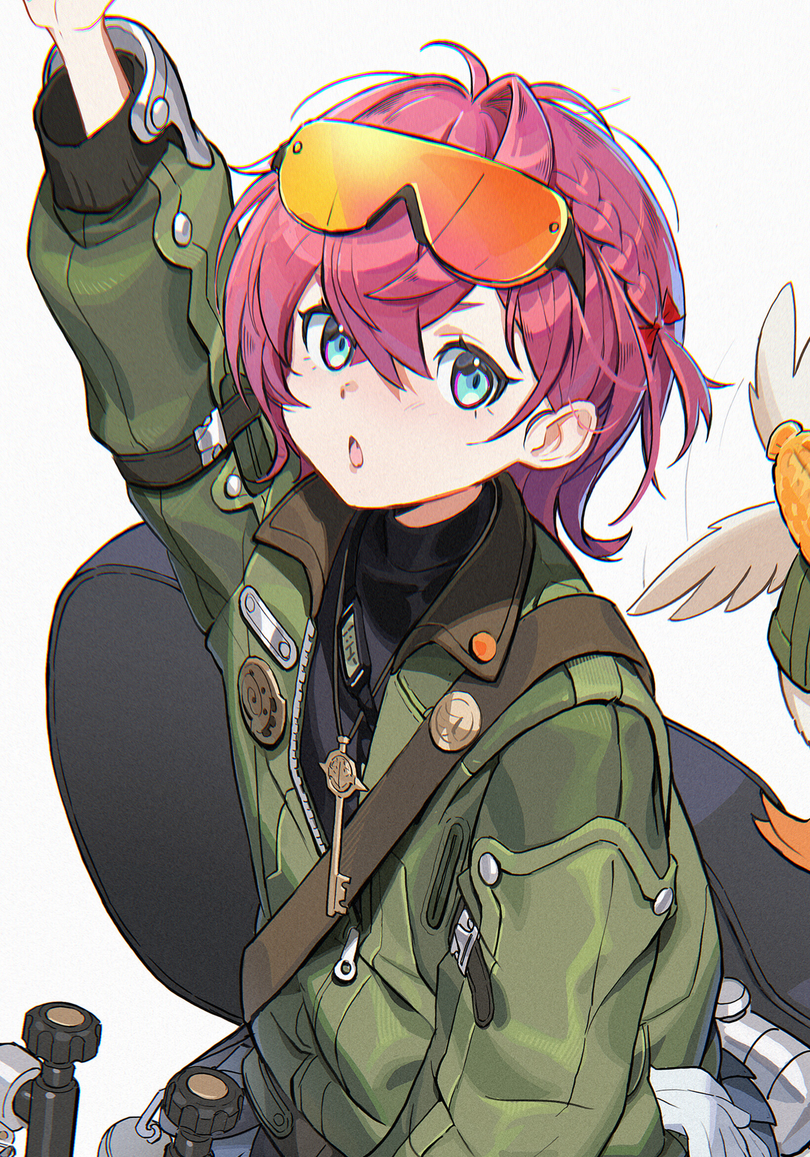 the image is a colorful, cartoonstyle illustration of an anime girl with bright pink hair, goggles, and a green jacket. she is wearing a key necklace and has a surprised expression.