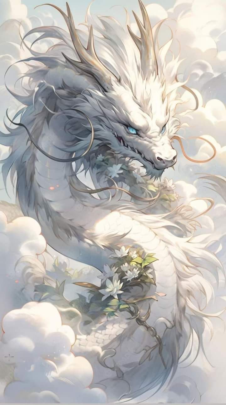 the image shows a white, asianstyle dragon emerging from clouds. it has flowing white hair, golden horns, and striking blue eyes. the dragon is adorned with white flowers. the artwork has a dreamy, fantasy feel.