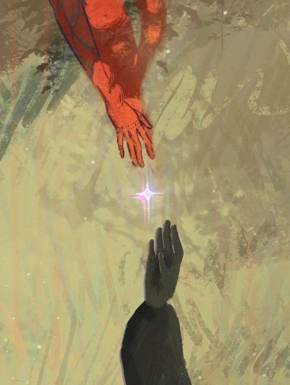 a reaching hand in the darkness, reaching towards a bright light. the hand is a silhouette, and the reaching hand is a more distinct red. the background is filled with soft, light and dark brush strokes. this artwork conveys the idea of hope and a desire for help.