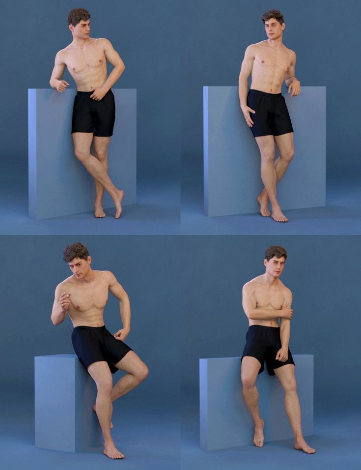 the image showcases four different poses of a male model rendered in 3d. the model is wearing black shorts and is posing against a blue background. the poses include sitting, standing, and leaning. the image is captured from a medium distance, showcasing the full body of the model.