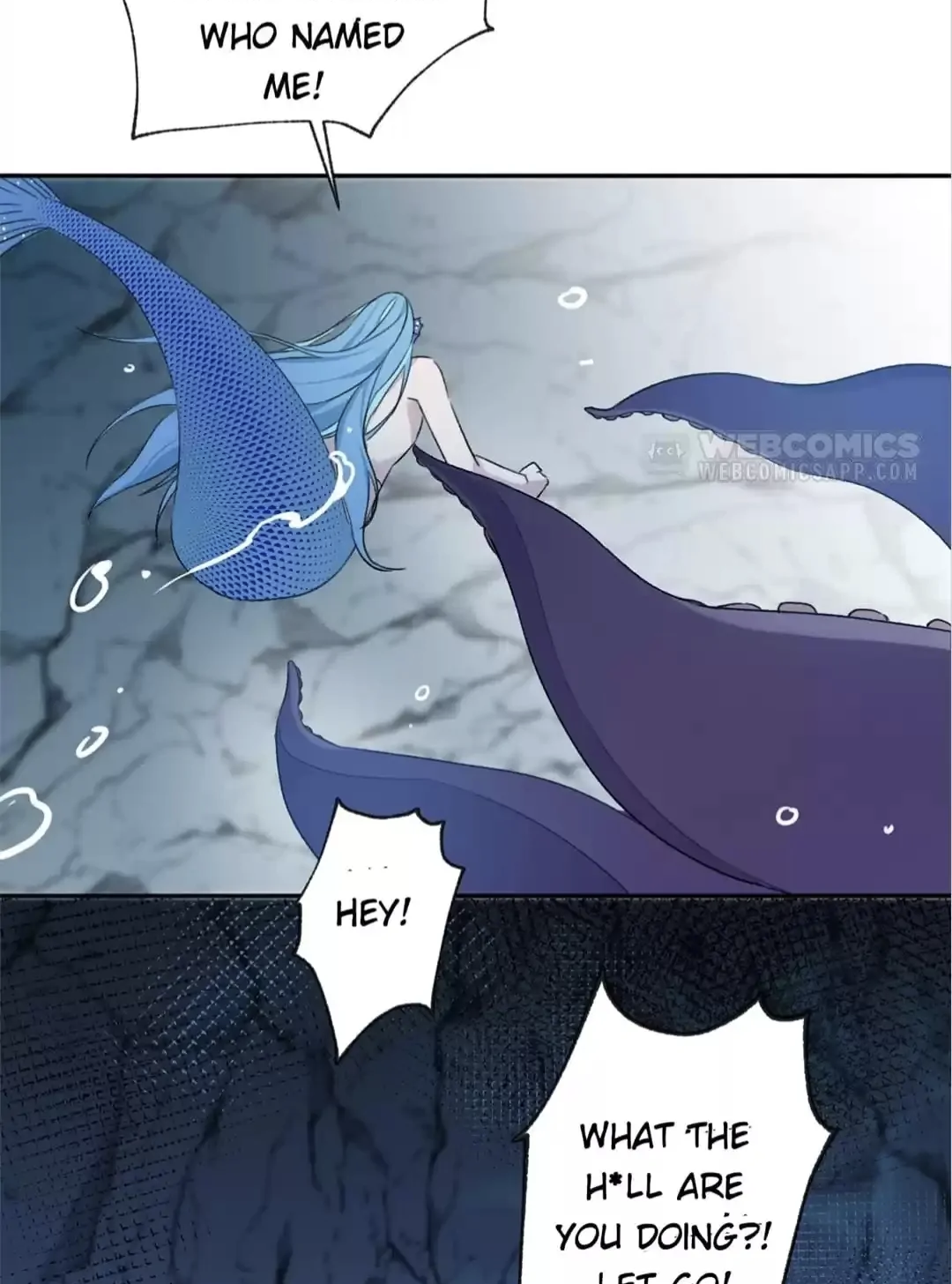 he image is a panel from a manga or comic book. it depicts an underwater scene with a mermaid with long blue hair and a blue tail. she appears surprised and is speaking. a large purple creature, possibly an octopus, is visible near her. speech bubbles contain dialogue, conveying a surprised reaction and a question. the art style is clean and somewhat stylized.  the background is a dark bluegrey, suggesting an ocean environment.  there is a watermark from a webcomics platform.