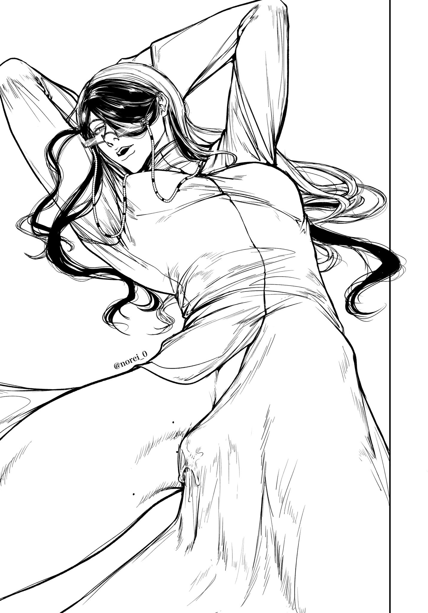 this is a black and white line art illustration of a woman with long, dark hair lying on her side with her arm behind her head. she is wearing glasses and a collared shirt. her expression is relaxed, as she looks up with a slightly closedeye smile. the illustration is done in a manga style, with sharp lines and stylized features.