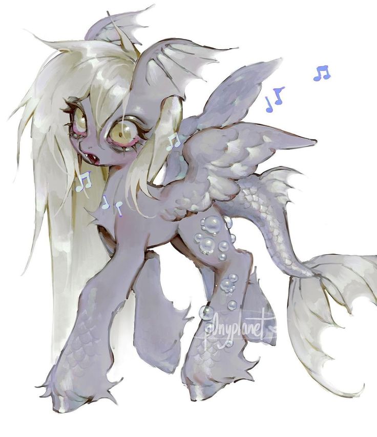 the image is a digital painting of a fantastical creature.  it appears to be a ponylike being with characteristics of a mermaid (fish tail), bat (wings and ears), and possibly a sea creature (scales and pearly bubbles on its legs). its color palette is predominantly pastel purples and grays, giving it a soft, ethereal feel. the pony has long, flowing white hair and large expressive eyes.  musical notes float around it suggesting it's singing. the overall style is whimsical and cute, with a focus on soft details and gentle color blending.  the artwork style is reminiscent of both traditional and digital painting techniques combined,  giving a slightly painterly feel to the digital piece.