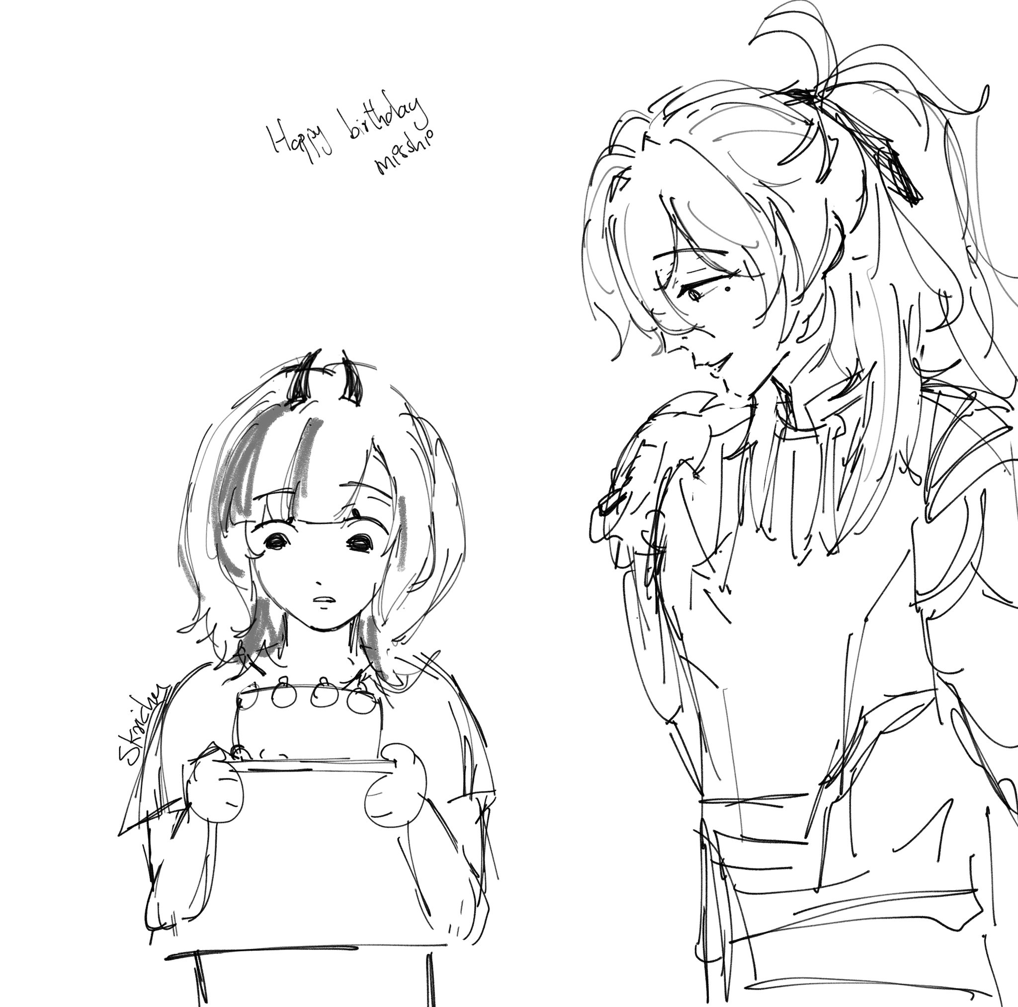 a black and white sketch of two anime characters. one is a girl with long, flowing hair, and the other is a girl with short hair. they are both smiling.  the girl with long hair is holding a cake. the text "happy birthday michiyo" is written at the top of the image.