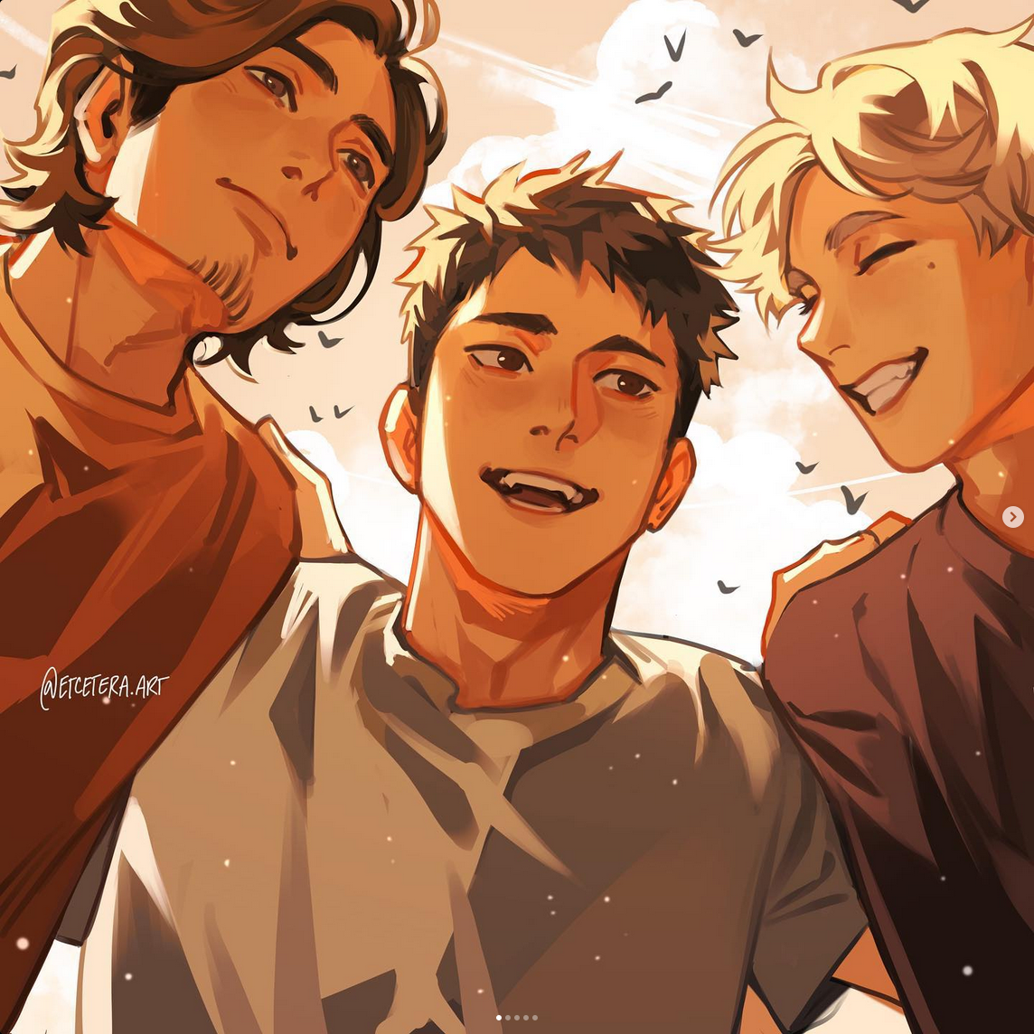 this is a digital illustration of three young men with their arms around each other, smiling happily for a photo. the warm, sunset lighting suggests a carefree and joyful moment of friendship. the style is reminiscent of anime or manga, with distinctive features and expressive eyes.
