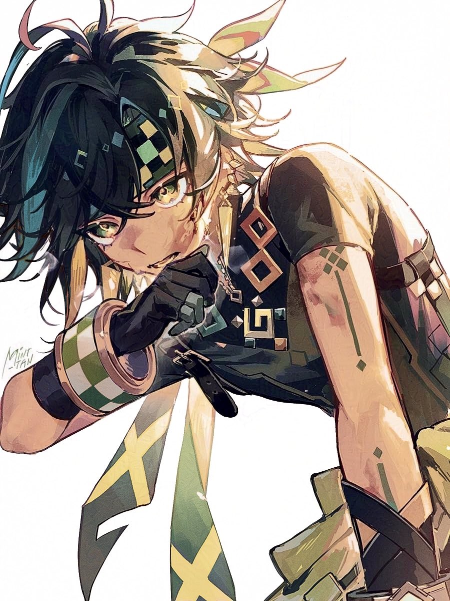 a close up illustration of an anime boy.  he has  long green hair with yellow highlights, with a yellow and green scarf tied around his neck. he is also wearing a black, green and yellow outfit.  he is looking directly at the viewer with a serious expression. he looks like a character from an action adventure anime series.