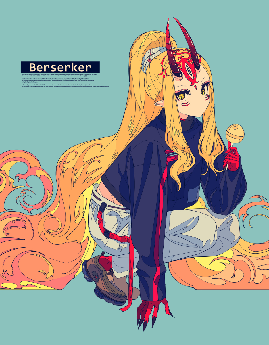 the image is a vibrant, stylized digital artwork depicting an animestyle female character. she possesses long blonde hair styled in a high ponytail,  red devil horns, and other onilike features on her forehead. the character is dressed in a casual streetwear outfit consisting of a darkcolored cropped jacket with red accents, light gray pants, and brown sneakers. she is crouching, holding a lollipop, with flames swirling around her. the overall style is graphic and bold, featuring strong color contrasts and clean lines. the text "berserker" is prominently displayed at the top, possibly indicating the character's name or designation. the background is a solid light teal/blue.