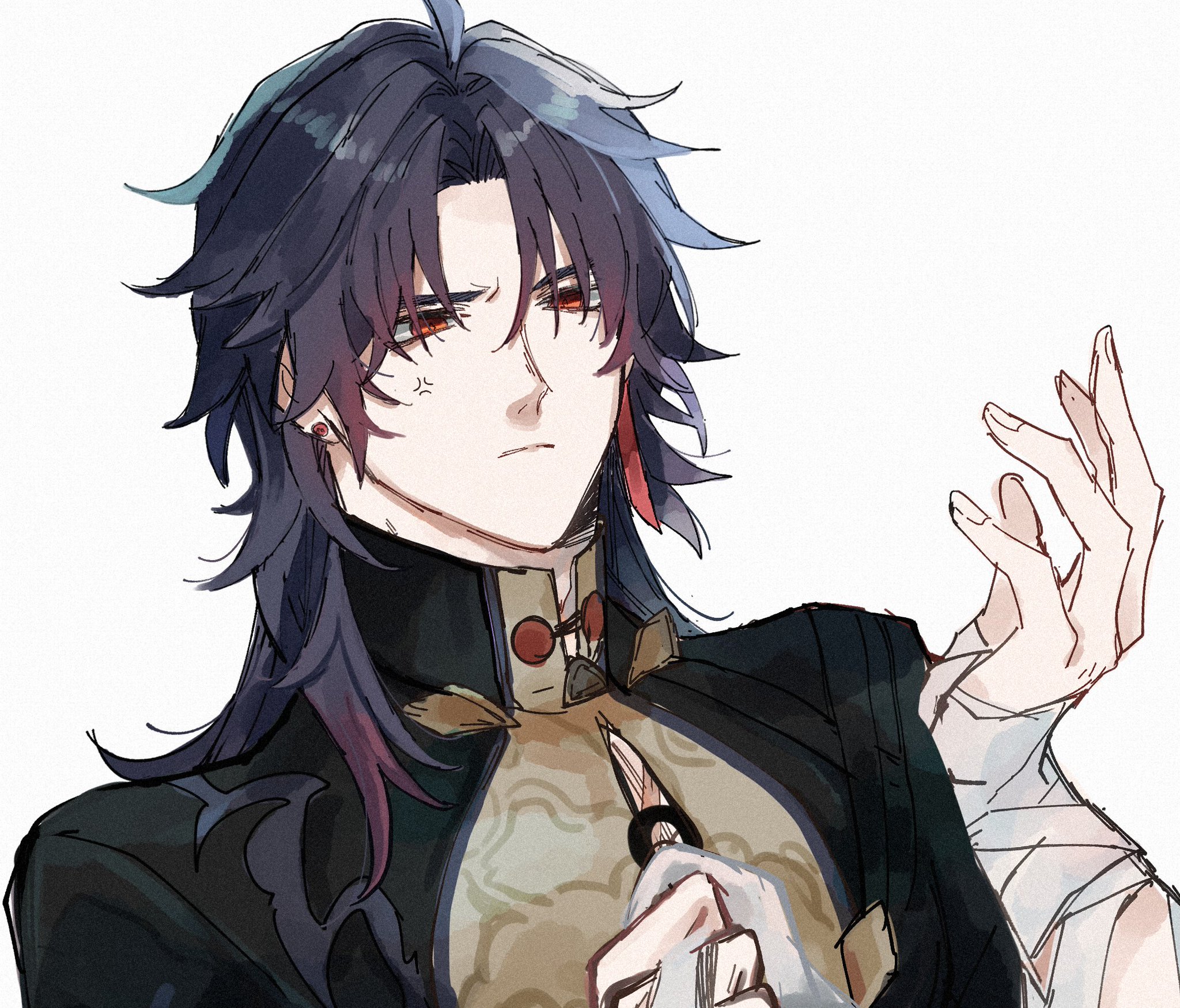 this is a digital illustration of an anime character with long black hair and red eyes, dressed in a traditional chinese outfit. he has bandages on his arm and looks angry with a serious expression. the background is white.