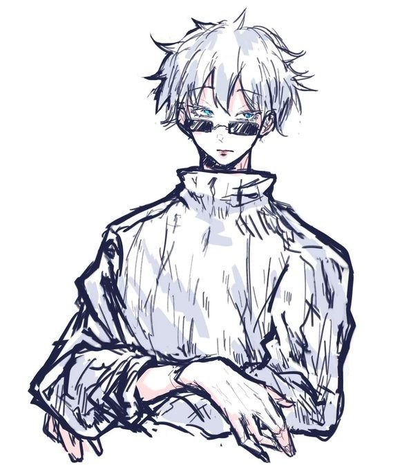 the image is a stylized digital drawing or sketch of a young animestyle male character. he has short, fluffy white hair and is wearing dark sunglasses, a lightcolored turtleneck sweater, and has pale skin. his expression is somewhat aloof or pensive.  the art style is loose and expressive, with visible brushstrokes and shading, rather than a polished, highly detailed finish. the character is depicted sitting, with his arms loosely crossed in front of him. the overall aesthetic is cool and slightly melancholic.