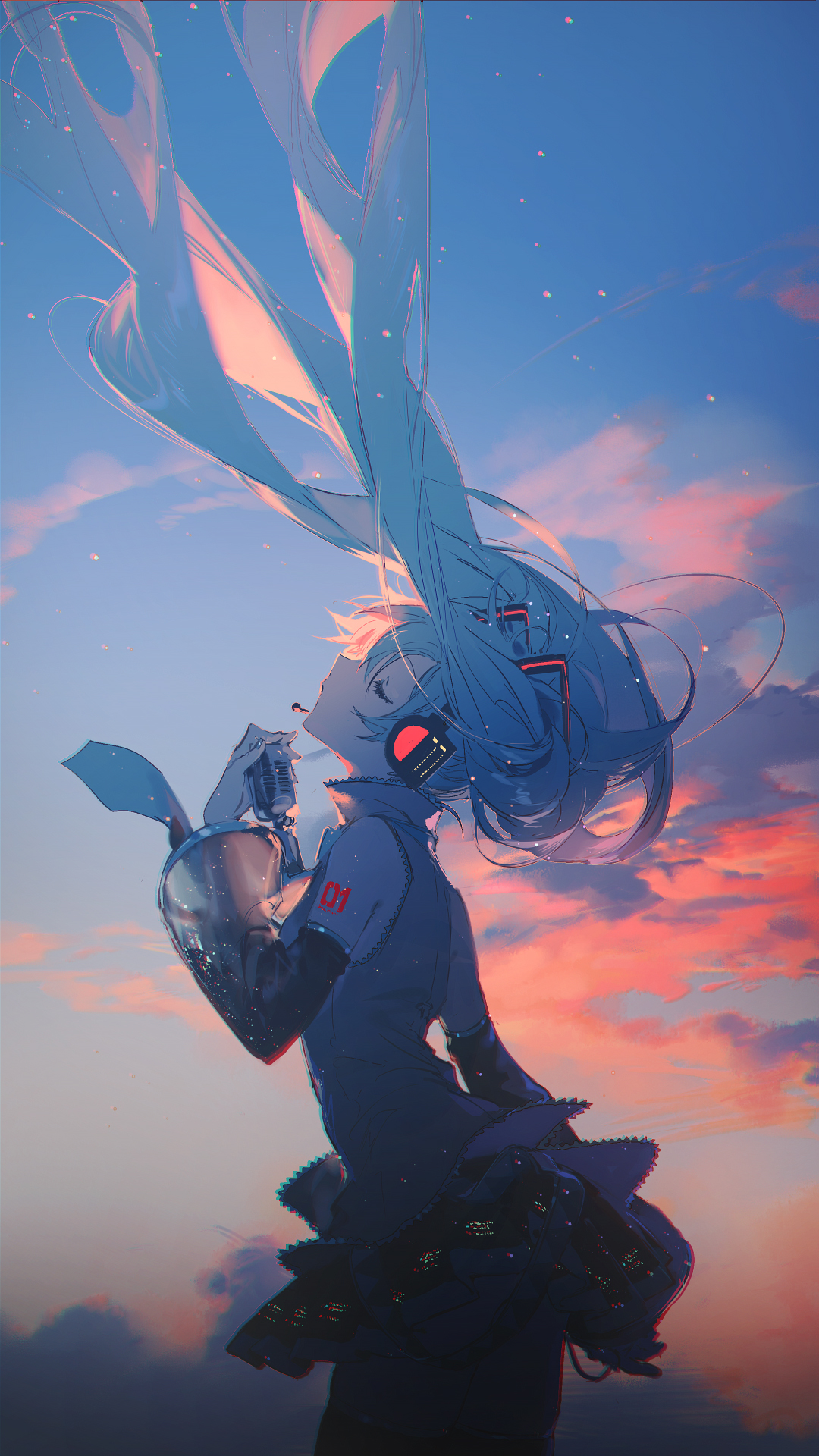 an animestyle drawing of hatsune miku with long blue hair and headphones, holding a microphone and looking up at a sunset sky with clouds.