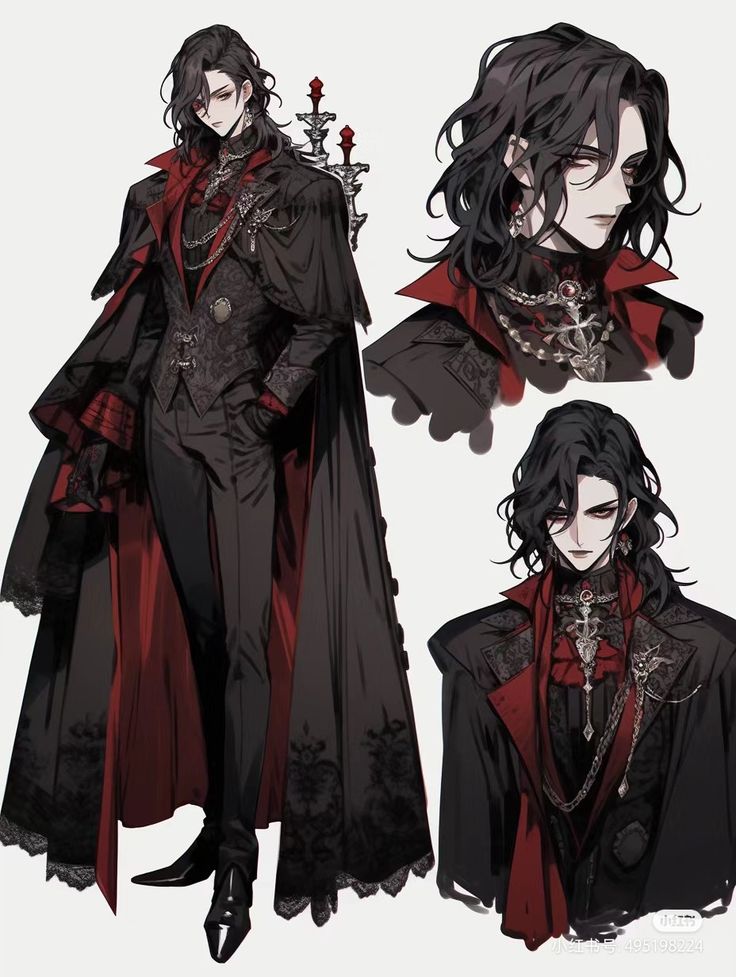 the image showcases a detailed character design of a young animestyle male figure. he is dressed in elaborate gothic attire, predominantly black with crimson accents.  the outfit includes a long black coat with red lining and lace detailing, a dark waistcoat or jacket with ornate patterns, and dark trousers. he accessorizes with numerous pieces of jewelry, including a prominent cross necklace and other chains. his hair is long and dark, and his expression is serious and somewhat melancholic. the illustration includes multiple views of the character, including a full body shot and closeups of the face and hair, suggesting a design process or character sheet for a visual media project. the style leans toward a dark, elegant aesthetic, reminiscent of vampire or other fantasy genres.
