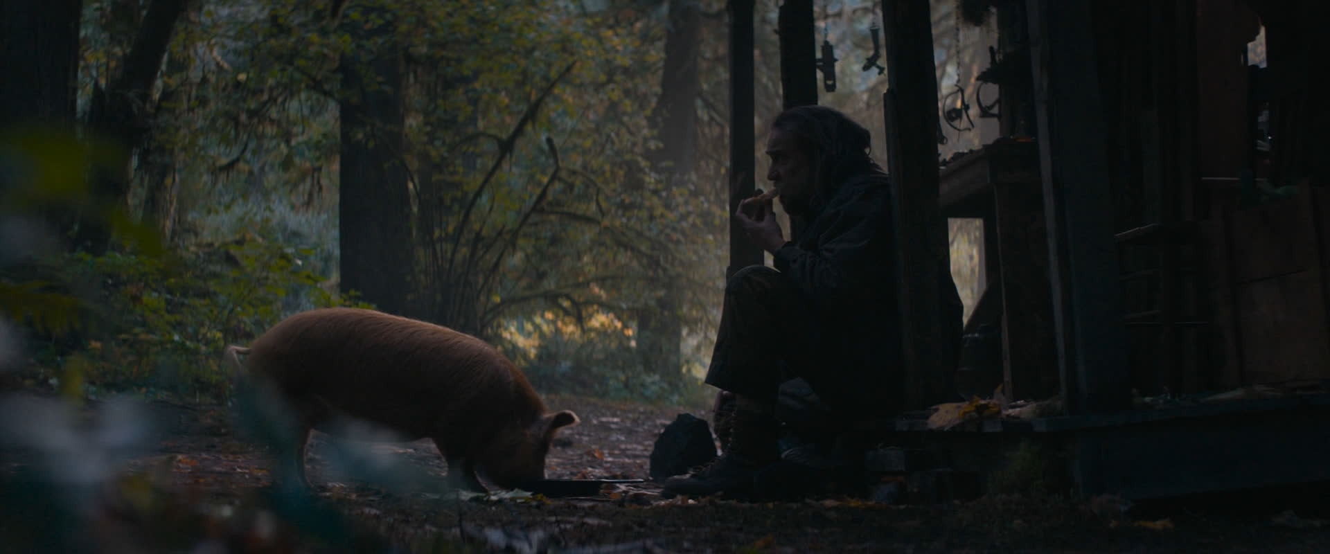 in a dimly lit forest setting, a man sits on the steps of a rustic wooden cabin, enjoying a meal. beside him, a brown pig grazes from a metal bowl on the forest floor. the scene evokes a sense of solitude and a deep connection with nature.