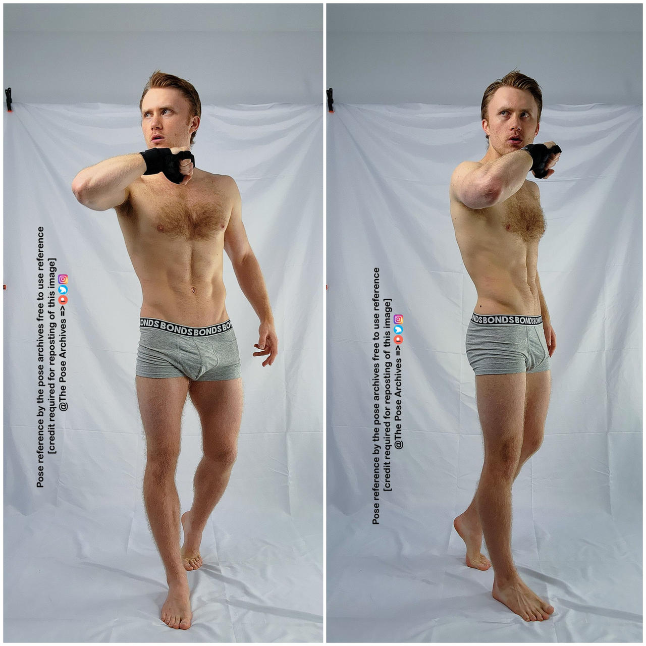 two identical photos of a caucasian male positioned in front of a white background, wearing grey underwear and black fingerless gloves. he is standing with his left foot slightly in front of his right and his upper body turned slightly to the right. his right arm is raised, and he has his left hand balled into a fist. his facial expression is one of surprise, with his mouth open as if he is gasping, and his eyes wide. the photo appears to be a reference pose.