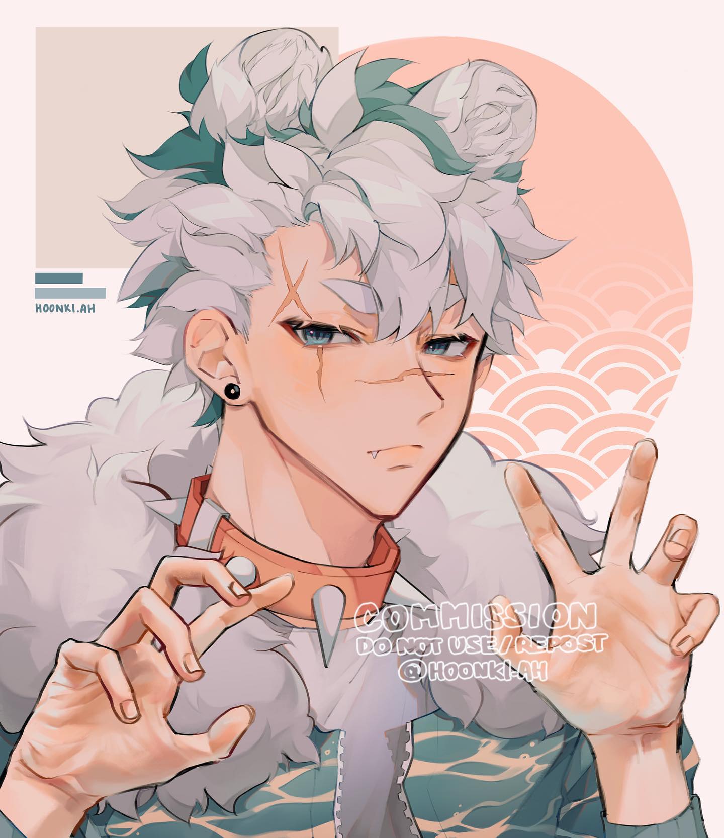 the image is a digital painting of a stylized animestyle male character. he has white and teal hair styled with flower ornaments, a scar on his face, and is wearing a teal and white jacket with a light orange choker. the character is making a peace sign with one hand and a gesture with the other. the background features a soft peach color with stylized wave patterns. the artist's watermark "hooinki_ah" is visible. the style is soft and pastel, with a focus on cute and aesthetic elements. the text on the image indicates it's a commission artwork and not to be used or reposted without permission.