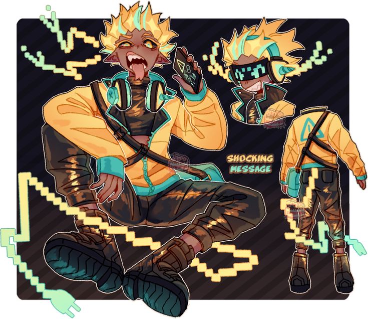 this is a digital illustration of an anime character with yellow and blue hair, wearing a yellow jacket with a black zipper and a teal inner lining. the character is wearing black pants, black shoes, and a black shoulder bag, and is wearing a blue headset on their head. they are holding a phone in their right hand, and it looks like they are shocked. there is a yellow and green lightning bolt on their right side and a blue and yellow plug on their left side. the background is black.
