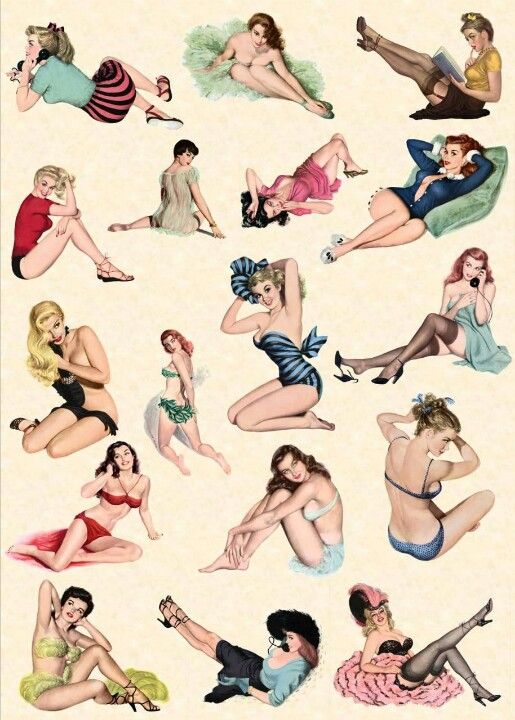 the image showcases a collection of vintage pinup girl illustrations. each illustration features a woman in a glamorous or suggestive pose, often with props like telephones, books, or articles of clothing. the style is reminiscent of 1950s pinup art, with idealized feminine figures and a playful, flirtatious tone.