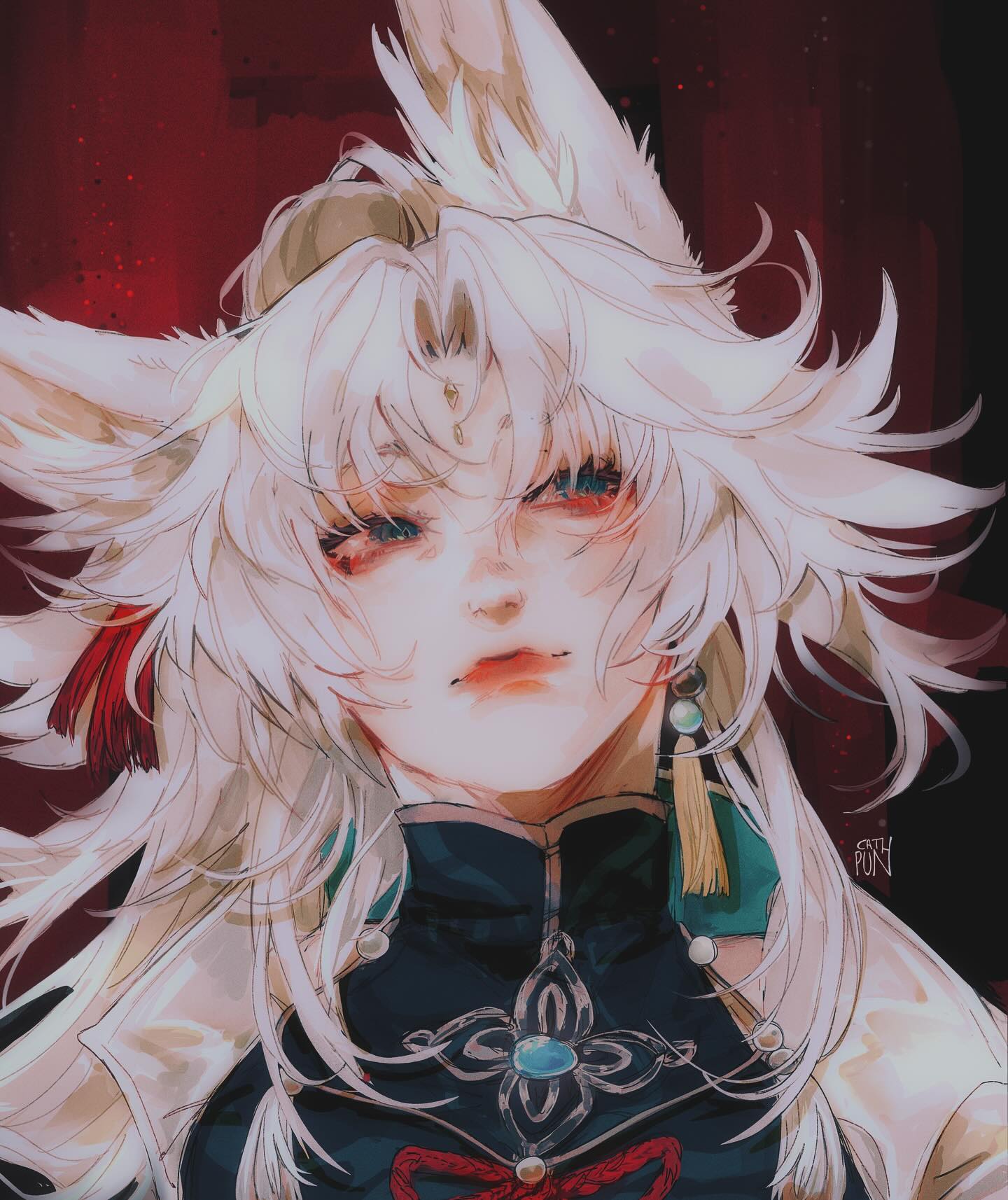 the image is a digital painting or fanart depicting a stylized animelike character. the character possesses long, flowing white hair and prominent fox ears, suggesting a fantastical or mythical being. they wear an elaborate, seemingly east asianinspired outfit with intricate details and rich colors including deep reds and teal. the character's expression is serene yet somewhat enigmatic, their gaze directed slightly away from the viewer. the art style is painterly and highly detailed, with soft blending of colors and textures creating a sense of depth and realism while maintaining an overall dreamlike quality. the background is a dark, blurry crimson. the overall mood is sophisticated, mysterious and slightly melancholic.