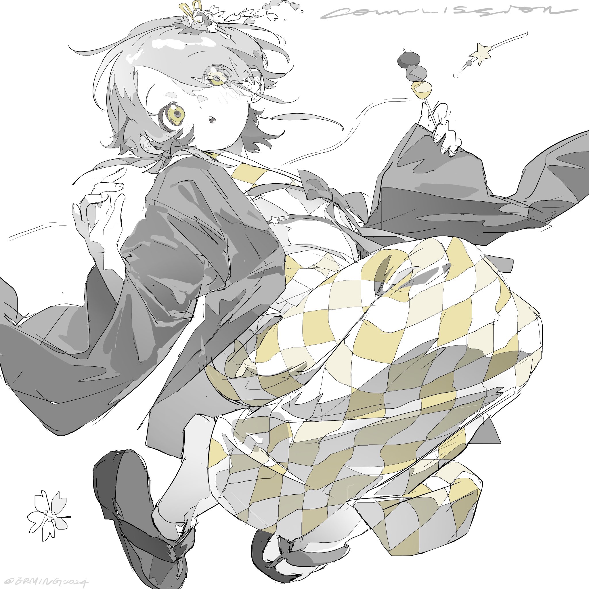 an anime girl wearing a yukata, traditional japanese clothing, with a checkered pattern. she's holding a lollipop in her right hand and a cherry blossom is on her hair. the girl is smiling and seems to be in a playful mood. the artwork is drawn in a sketch style, with bold lines and soft shading. the overall impression is of a whimsical and cheerful scene.
