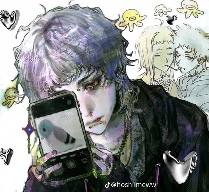 the image is a stylized digital drawing or painting of a young animestyle male character. he has long, graypurple hair, piercings, and is wearing dark clothing. he appears to be taking a selfie with a phone showing a cartoon bird on the screen. the background is filled with various abstract elements, including cartoonish octopuses and other doodles, suggesting a social media or onlineinspired aesthetic. the overall style is a blend of grunge, emo, and slightly abstract elements, giving the image a dark yet colorful and vibrant feel. other less defined anime characters appear in the background.
