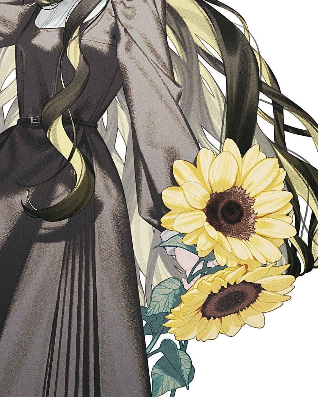 the image is a stylized digital illustration or artwork in an anime/manga style. it depicts a young woman, possibly an anime character, with long dark hair that has streaks of blonde.  she is wearing a long, elegant, dark gray dress with pleats and a simple belt. the dress has long sleeves.  the most striking feature is the large bouquet of sunflowers she's holding, which are vibrantly colored and detailed. the art style is quite detailed and focuses on both the character's attire and the sunflowers. the background is white, making the subject stand out. the overall mood is elegant and slightly melancholic.