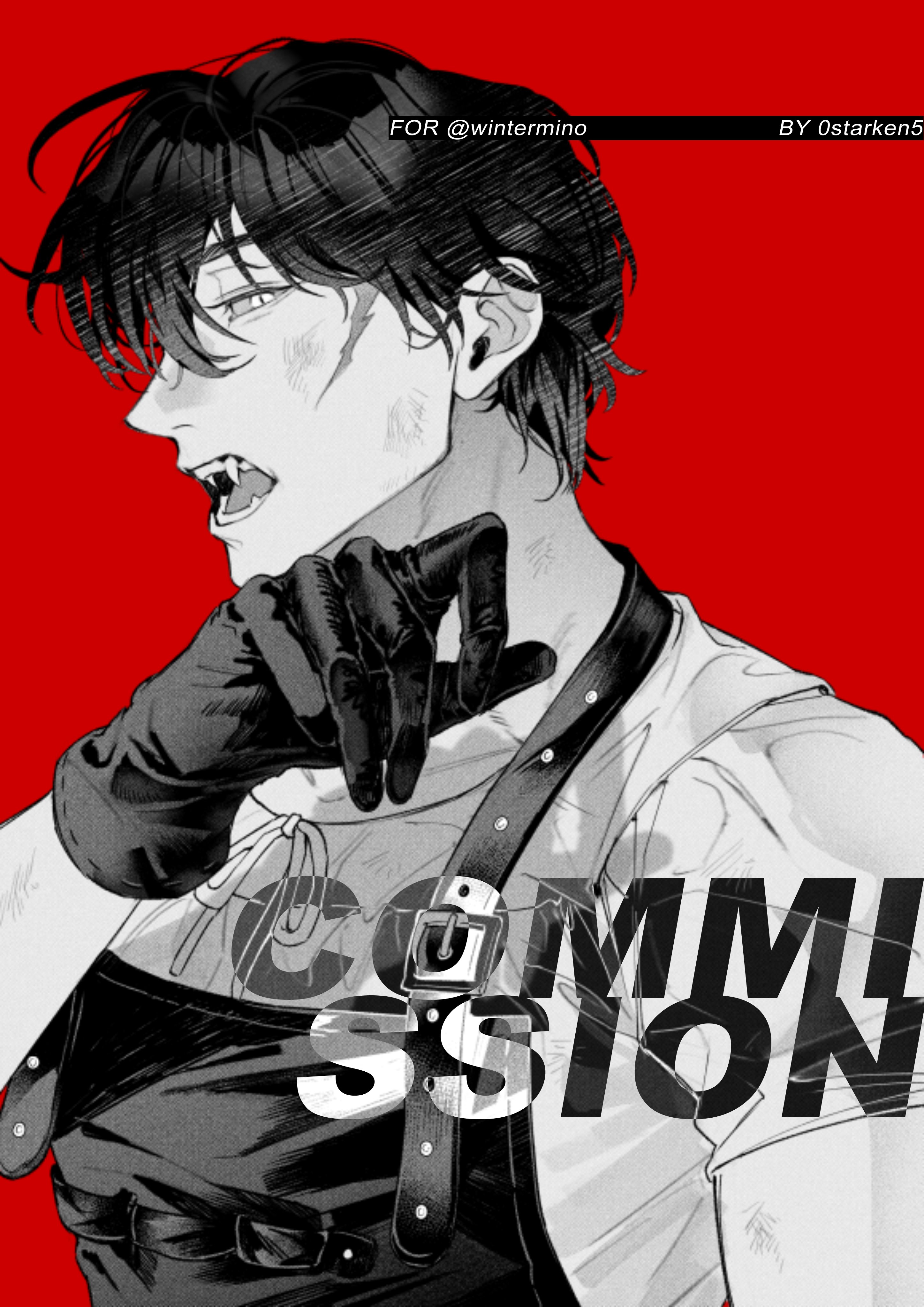 this is a digital illustration of an anime character. the character is a young man with black hair and eyes. he is wearing a white shirt and leather straps. he has black gloves on. the background is a solid red color and the text "commission" is superimposed on the illustration, making it seem as if it's a commissioned piece of artwork.