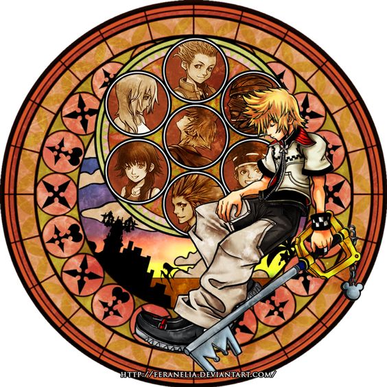 the image is a circular stained glass window design featuring characters from the kingdom hearts video game series. the central figure is sora, the main protagonist, seated in the foreground holding his signature keyblade weapon.  he is surrounded by smaller portraits of other key characters, all set against a backdrop of a sunset over a distant castle. the warm lighting and intricate details create a visually striking composition.
