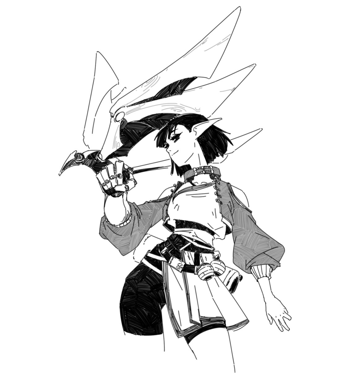 the image is a black and white sketch of an animestyle female elf warrior. she has short, dark hair, pointed ears, and is wearing a futuristicinspired outfit with a belted tunic, shorts, and gloves.  she holds a large, angular weapon that appears to be a combination of a blade and a futuristic device. her pose is dynamic and confident, suggesting power and readiness for battle. the style is loose and expressive, with visible brushstrokes giving a sense of movement and energy.  the background is plain white, focusing all attention on the character.