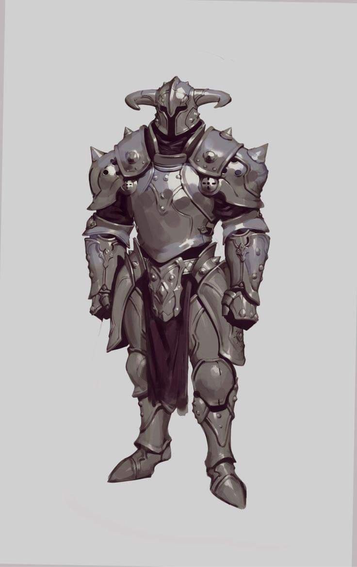 the image showcases a digital painting of a fantasy knight clad in full plate armor. the armor is intricately detailed, with visible plates, rivets, and a horned helmet.  the color palette is muted, predominantly grays and purples, giving a somber and weighty feel. the knight is standing in a threequarter view, allowing for a good look at the armor's details and design. the style suggests concept art or an illustration for a game or book.