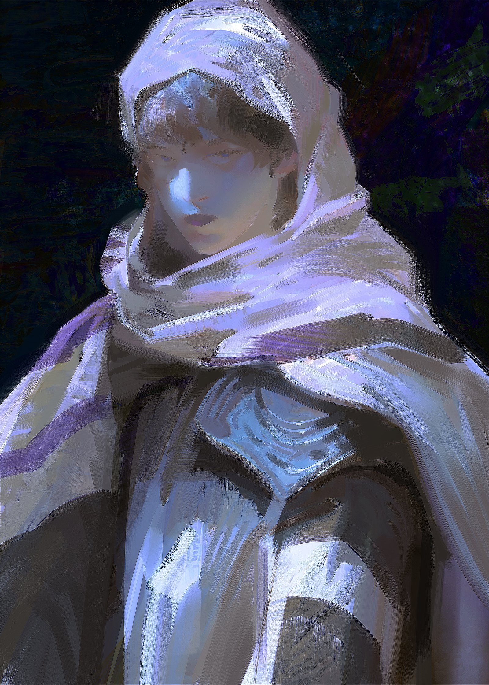 a digital painting of a woman in a hooded cloak. she is wearing a white cloak with purple and blue accents, and her face is partially obscured by the hood. the background is dark and shadowy, adding to the mysterious and fantastical atmosphere.