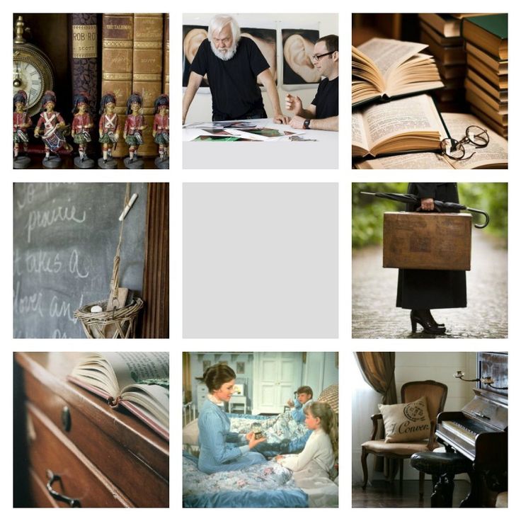 a collage of nine images. top row left: a collection of old books with toy soldiers in front of them, top row middle: two men are looking at something on the table, top row right: an open book with a stack of books and an eyeglass on top of them.  middle row left: a chalkboard with writing on it, middle row middle: blank white space, middle row right: a woman in black holding a suitcase and an umbrella walking on the road. bottom row left: a wooden chest of drawers with an open book on top of it, bottom row middle: two women are sitting on the bed and talking to each other, bottom row right: an old piano with a chair and a lamp next to it.