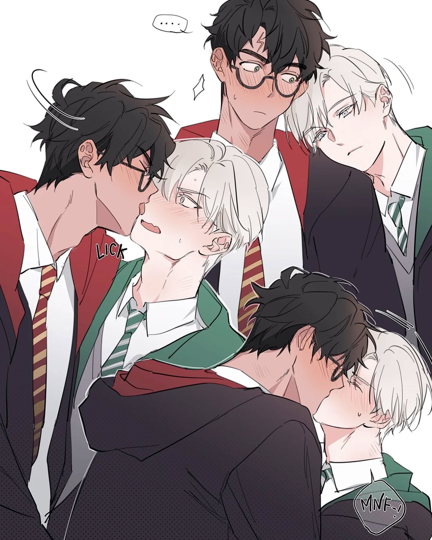the image is a piece of fanart depicting multiple pairings of young men in what appears to be a stylized version of harry potter school uniforms.  the art style is soft and romantic, characteristic of boys love (bl) manga and anime.  several pairs of boys are shown in various stages of affection, with kisses and close embraces. the focus is on the close physical interactions between the characters, showcasing their romantic relationships.  the overall aesthetic is cute and intimate. the characters bear resemblance to characters from the harry potter universe, particularly draco malfoy (a slytherin often depicted with blond hair) and characters who could be interpreted as gryffindors.