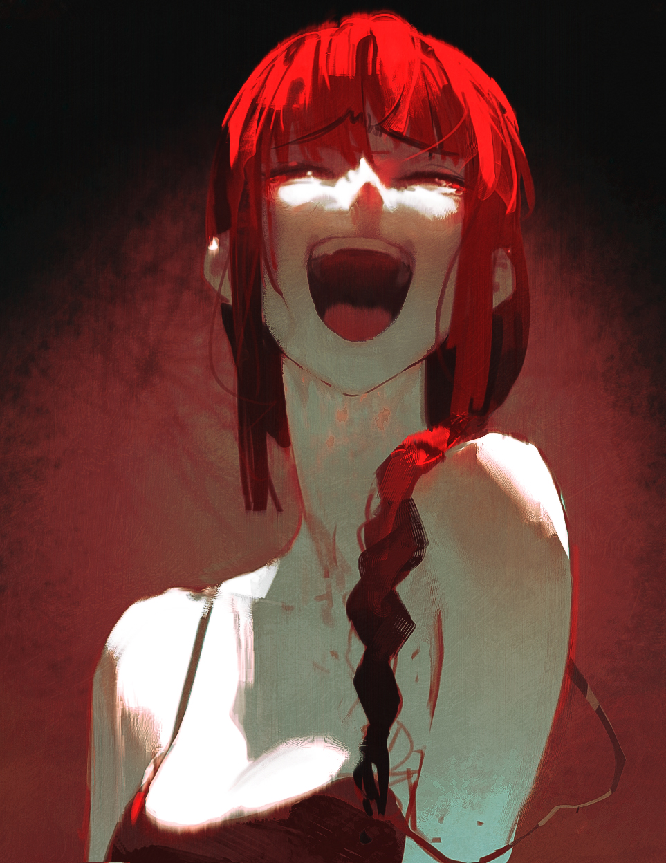a digital painting of an anime girl with red hair. she is laughing, her mouth wide open and her eyes closed. the background is red and dark, creating a dramatic contrast.  the overall mood of the painting is joyous and energetic.