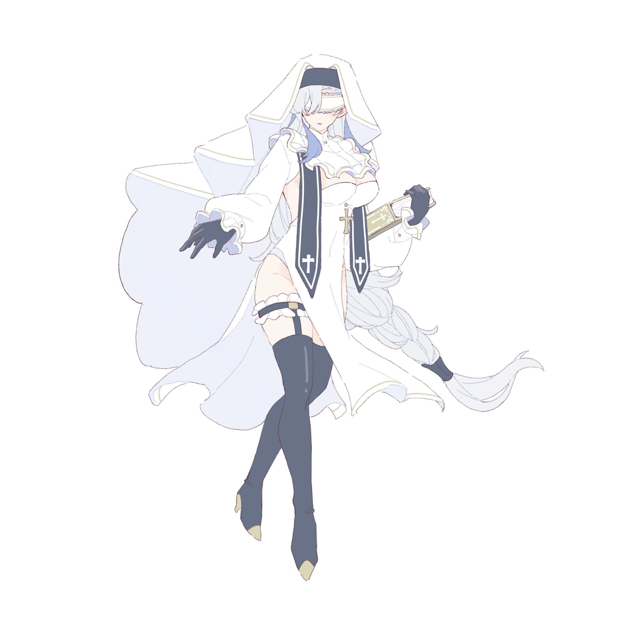 he image is a digital illustration of an animestyle female character dressed as a nun. she is wearing a white dress with a long flowing veil, dark gloves, and tall boots. her long, light gray hair flows behind her. she's holding a book, possibly a bible, and her expression appears serene. the art style is soft and pastel, creating an elegant and slightly ethereal atmosphere.