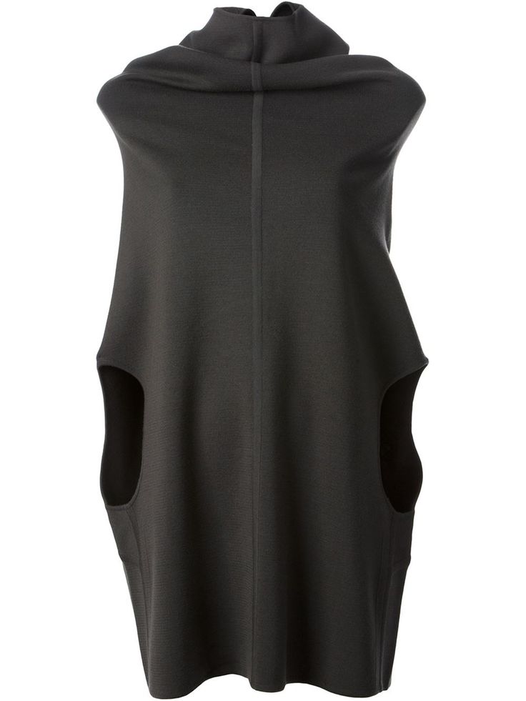 a black sleeveless dress with a cowl neck and pockets. the dress appears to be made of a soft, flowing fabric. it has a seam down the front and large armholes. the pockets are large and located on the sides of the dress.