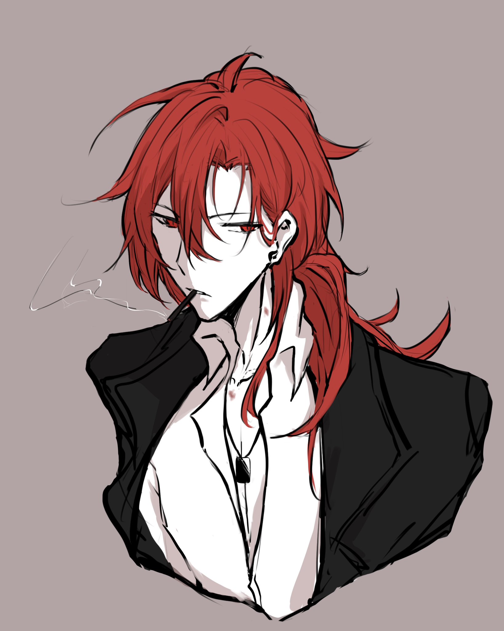 this illustration depicts a male anime character with long red hair and a stoic expression. he is wearing a black suit jacket over a white shirt, and he has a cigarette in his mouth. the character's face is subtly shaded, and the background is a soft gray. the overall image is striking and evocative, with a cool and mysterious atmosphere.