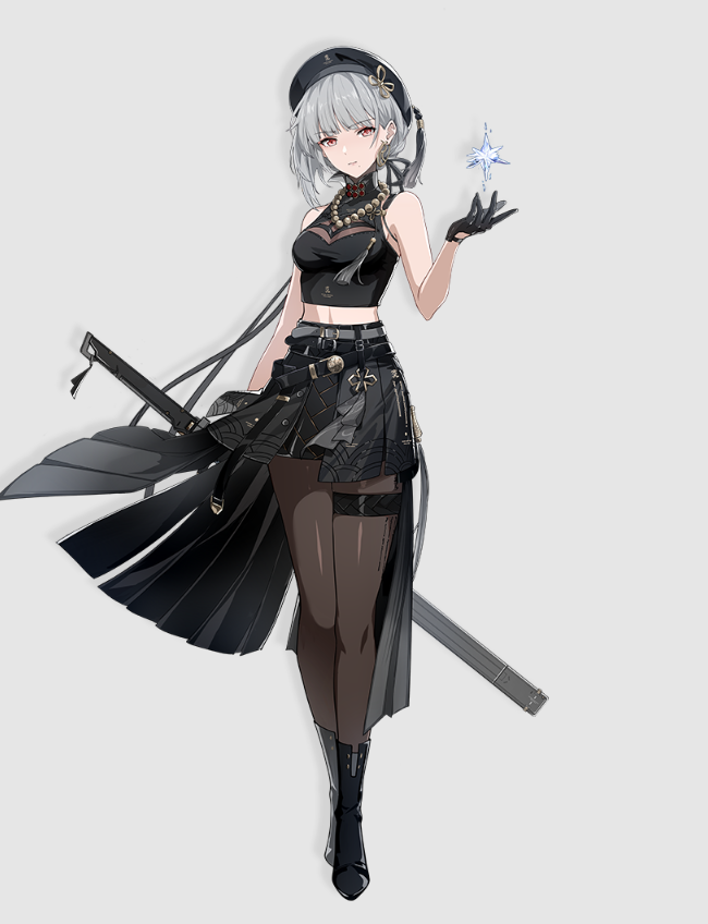 a female anime character with white hair, red eyes, and a black outfit stands in a fighting stance. she holds a katana sword in one hand and a magical snowflake in the other.