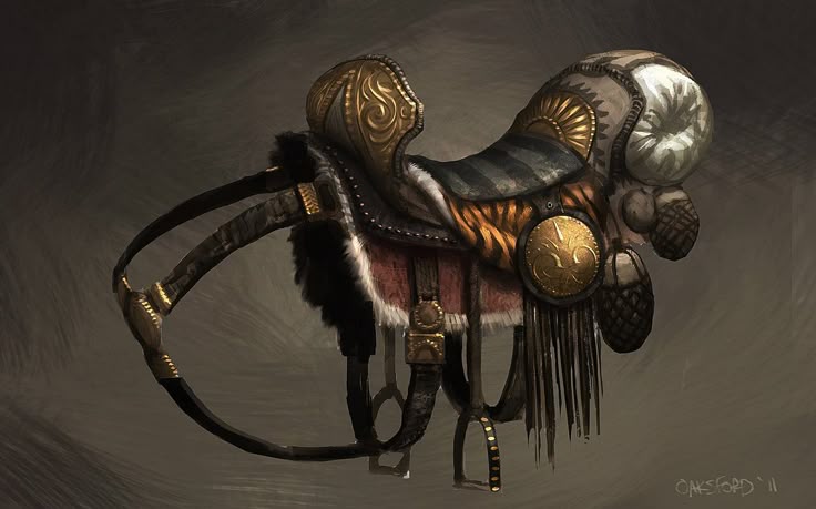 a richly decorated horse saddle is displayed against a neutral backdrop. it is elaborately designed with golden accents, including embossed plates and scrolled details. the saddle incorporates fur trim and striped fabric. tassels hang from the sides, and leather straps and stirrups are present, indicating the saddle's functionality. the overall impression is one of opulence and detailed craftsmanship.