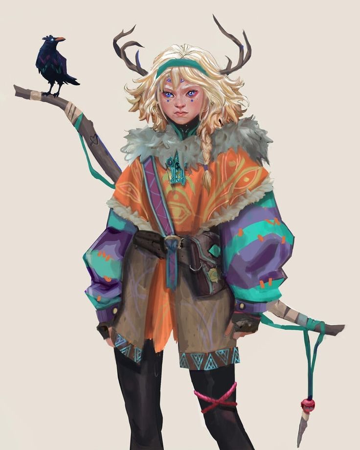 the image is a digital painting of a young, fantasy character. she has blonde hair styled in a loose braid, and wears antlers as a headpiece. her clothing is a vibrant mix of orange, teal, and purple fabrics with tribalinspired patterns and fur trim.  she carries a staff with a raven perched on it, and has a satchel and what looks like a quiver or small pouch attached to her belt. her expression is serious and slightly aloof. the overall style is whimsical and fantastical, blending elements of nature and magic. the background is a simple, light beige, allowing the character and her attire to stand out.