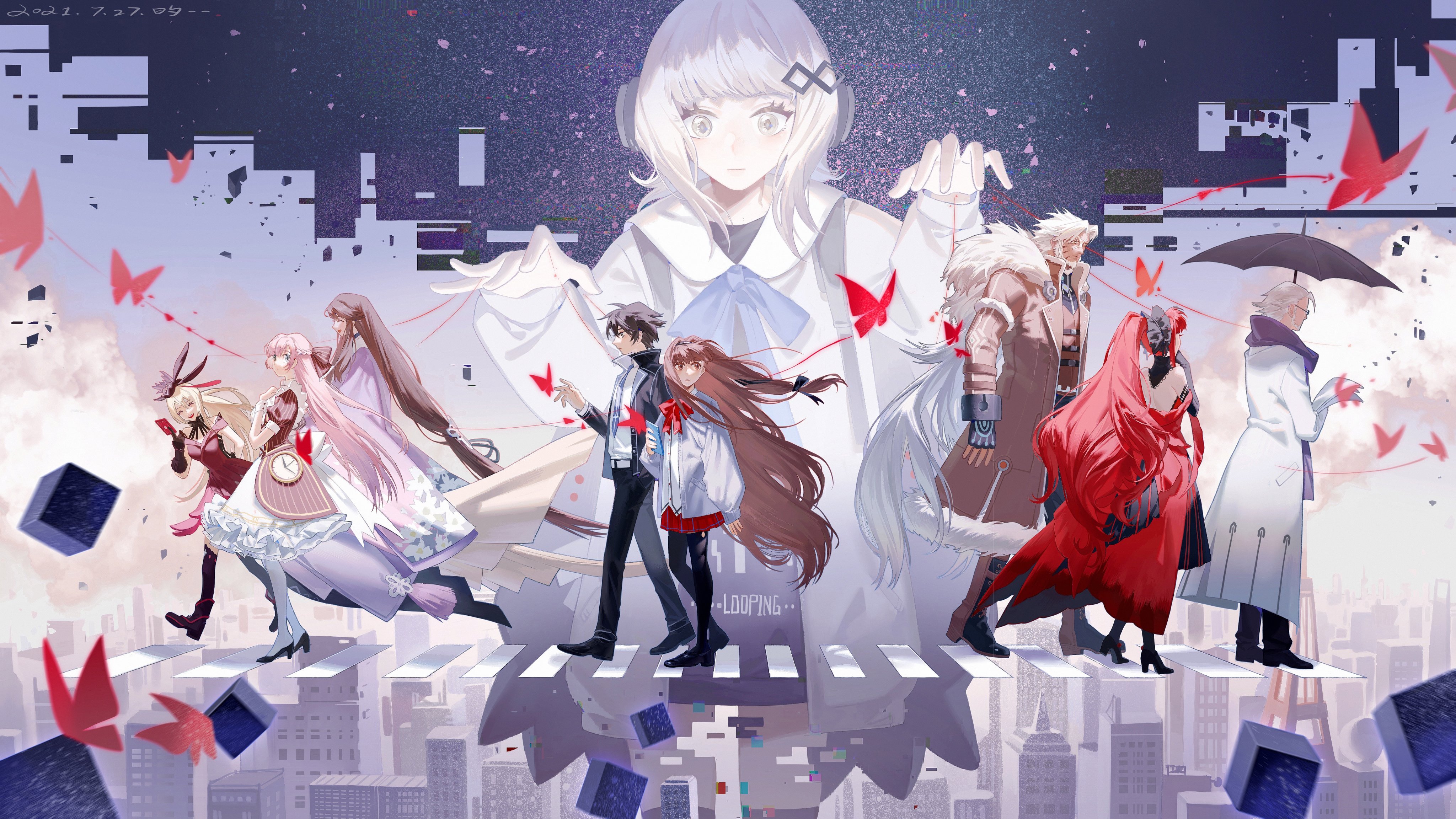 this is a digital illustration of a group of anime characters standing on a floating platform in the sky above a cityscape. they are all dressed in colorful clothes and have unique hairstyles and expressions. there are red butterflies flying around them and some red ribbon flying from them and connecting to the other characters. it is a dynamic and whimsical scene that evokes a sense of fantasy and wonder. the artwork is very detailed and the colors are vibrant. the characters are all welldefined and have a distinct personality.