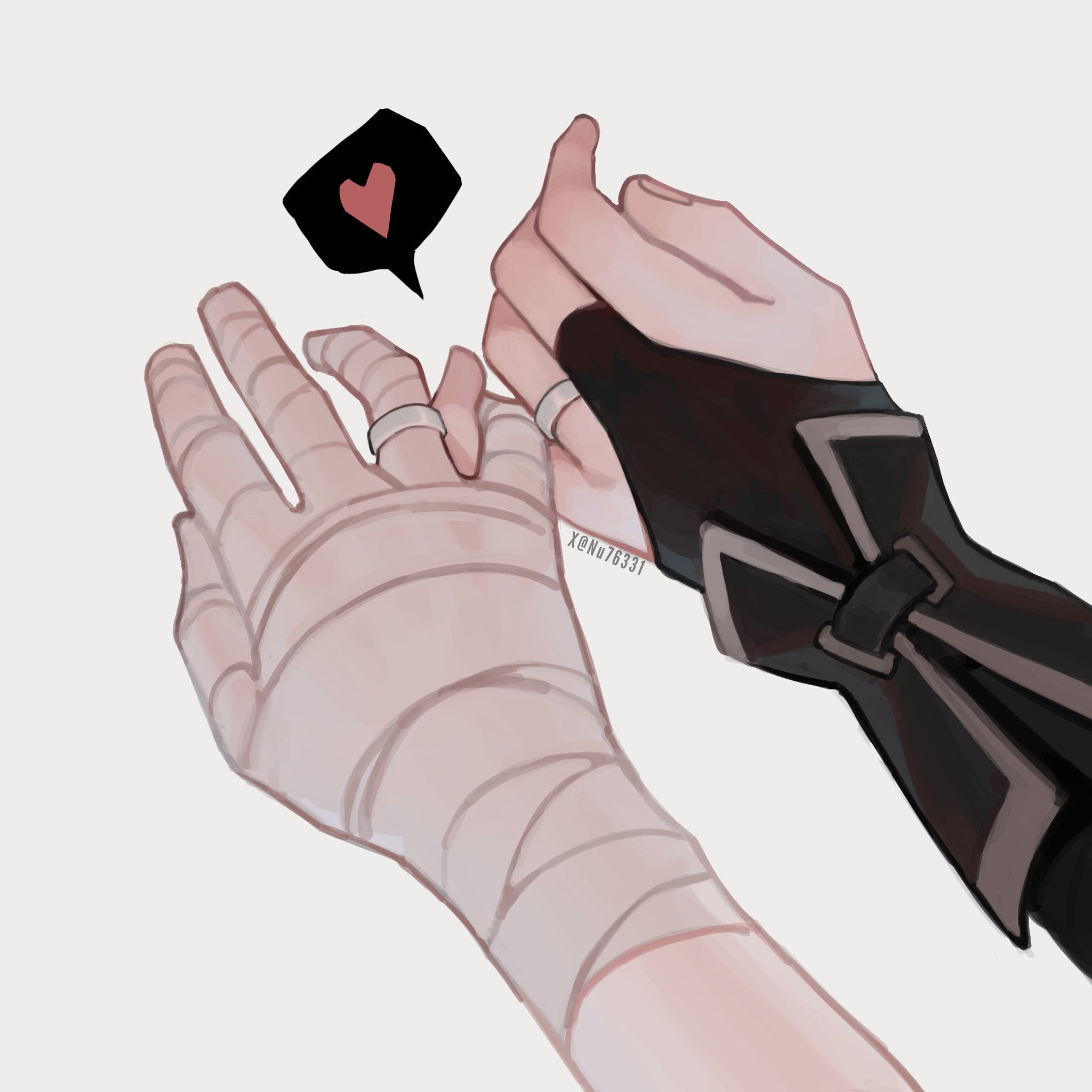 a hand wrapped in white bandages is holding another hand which is wearing a black glove, both hands are wearing rings. they are holding hands, with a heart in a speech bubble above them. the image is drawn in an anime style.