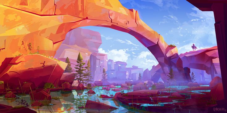 the image is a digital art landscape featuring a vibrant canyon scene. an orange arch of rock dominates the left side, leading to a bluishpurple rocky formation on the right where a figure on horseback stands silhouetted against the sky. below, a body of water reflects the colorful rocks and sky above. trees are interspersed among the rocks, and birds fly in the sky. the overall impression is one of a majestic and serene natural landscape.