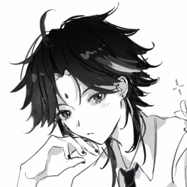this is a black and white anime drawing of a boy with black hair, wearing a white collared shirt with a black tie. he has a serious expression, staring ahead while holding his hand to his chin. the background is mostly white with a few scribbles to suggest the boy is looking up at something.