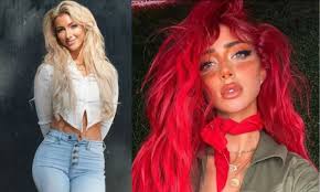 the image shows two portraits of women sidebyside.  on the left is a blonde woman with long, wavy hair, wearing a white cropped shirt and light blue jeans. she has a natural makeup look. on the right is a woman with vibrant, long red hair, wearing a red scarf and an olive green jacket. her makeup is more dramatic, with prominent blush and eye makeup. both women appear to be models, showcasing different fashion styles and hair colors.