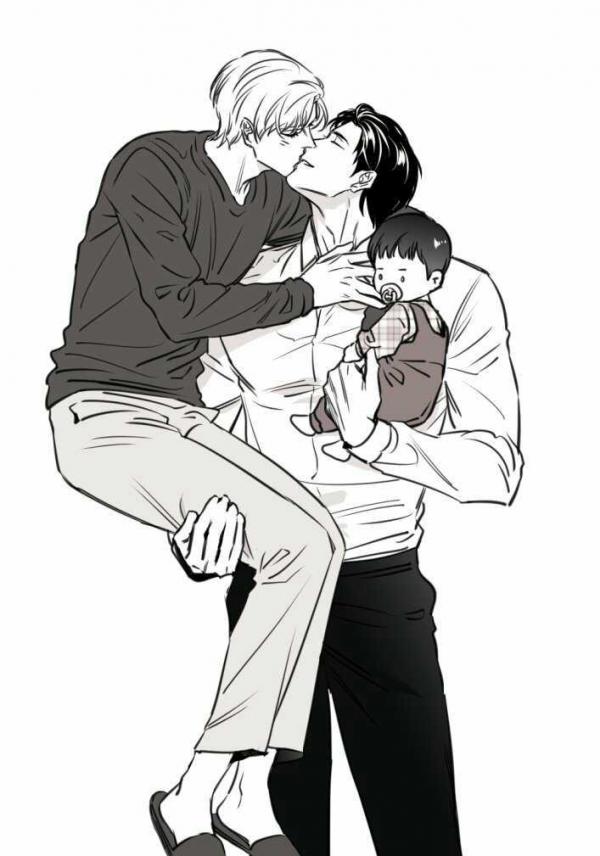 the image is a black and white illustration of a mangastyle drawing. it depicts two men, one with blonde hair and one with dark hair, kissing while one of the men carries their baby. the men appear to be a couple, and the overall tone of the image is romantic and loving. the style is reminiscent of yaoi or bl manga. the baby is small and appears to be wearing a lightcolored outfit. the man with blonde hair is being held by the other man. the drawing is detailed and expressive, capturing a tender moment between the couple and their child.
