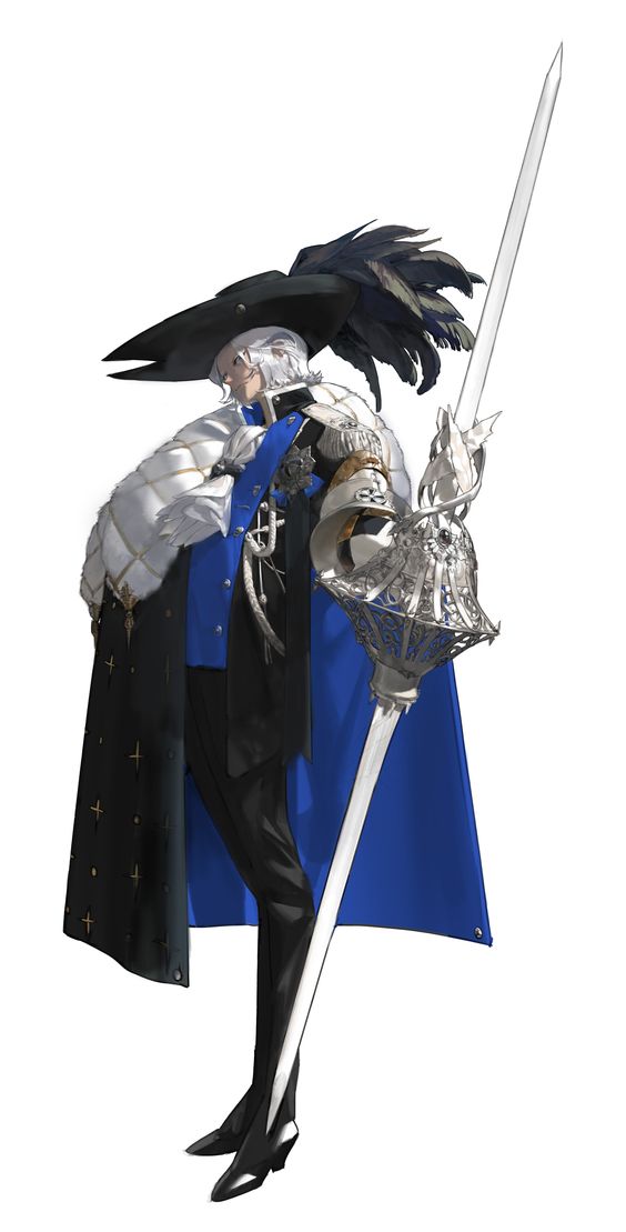 a fullbody illustration of a male fantasy character set against a stark white backdrop. he is clad in an elaborate ensemble of blue and white, suggestive of a knight or warrior. his attire features a long, dark blue overcoat adorned with subtle crosses, layered over a white doublet with intricate gold detailing. a pop of blue is introduced with a fitted jacket underneath. his slender legs are encased in sleek black trousers, and his feet are shod in polished black boots. adding a touch of regality, he sports a large black hat embellished with long, dramatic feathers. he confidently holds a long, silver spear, its intricate design hinting at its power. the character exudes an aura of strength and elegance, his pose radiating a sense of confidence and poise.