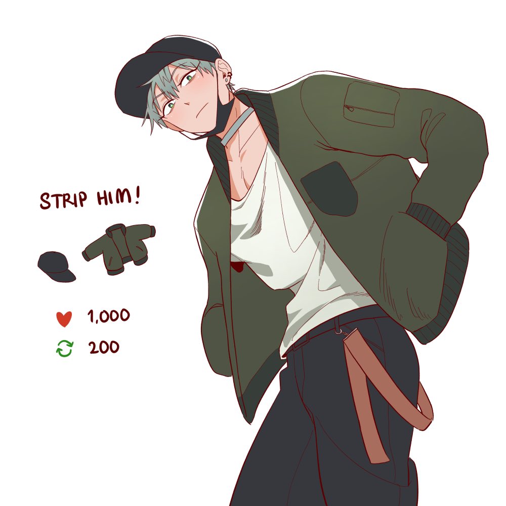 this is a digital illustration of an anime boy character wearing a green jacket, a white tshirt, black jeans, and a black cap. he has green hair and is looking down at the viewer with a serious expression.